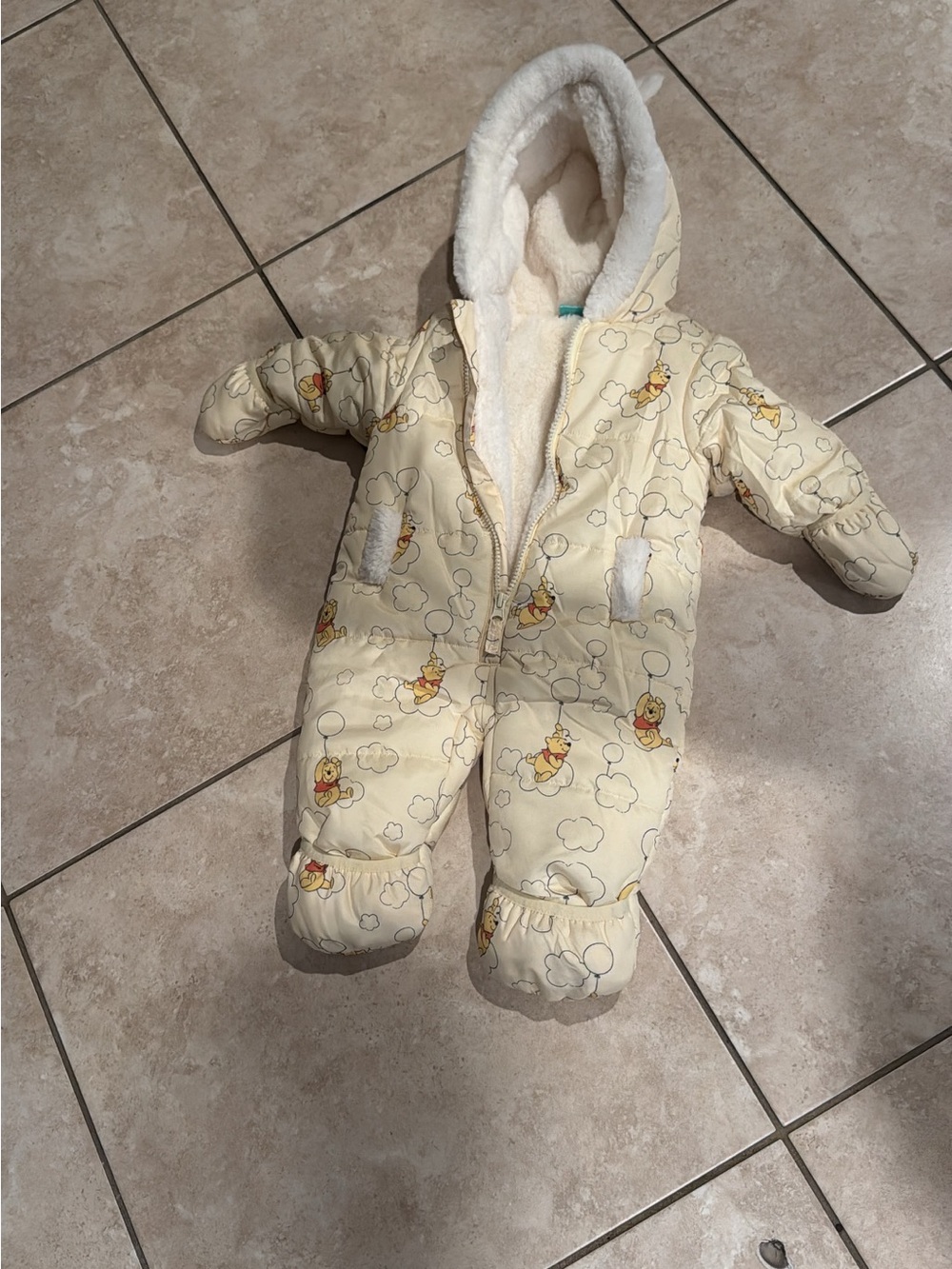 Children's Cream Hooded One-Piece Snowsuit with Winnie-the-Pooh Motif